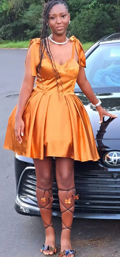 Mini Satin Sweetheart Homecoming Dresses for Teens Bow Spaghetti Straps Short Ball Gown Puffy Cocktail Prom Dress with Pockets