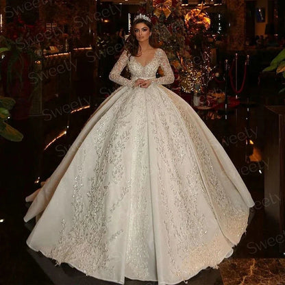 Wedding Dress Fully Beaded With Princess Ball Gown O-Neck Full Sleeve Bride Dress Customized Button Vestido De Novia