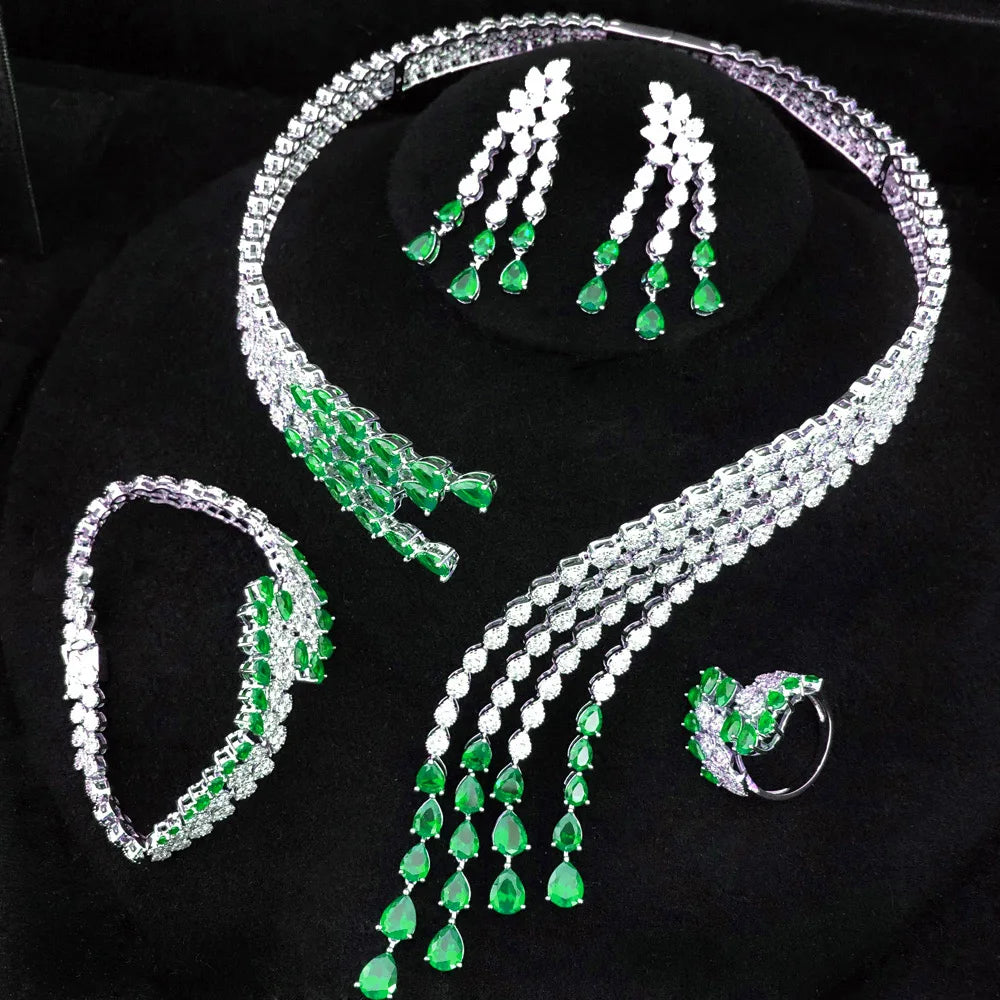 Trendy 4PCS Luxury Turquoise Statement Jewelry Sets For Women Wedding Cubic Zircon Indian African Dubai Bridal Necklace