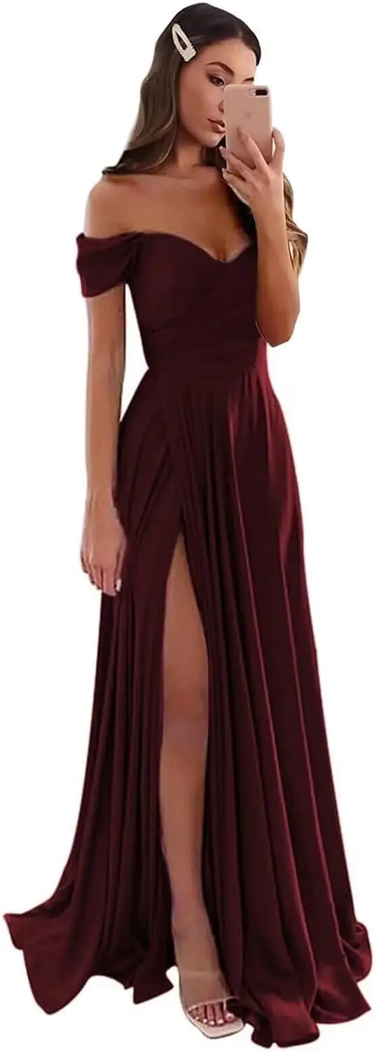 Women's Satin Prom Dresses Long Slit Formal Dresses Off Shoulder Evening Wedding Party Gowns Ruched Sweetheart Lace up Back