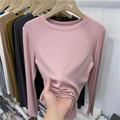 Outono Escritório Senhora Básica Gola Redonda Slim T-Shirt Feminina Cor Sólida Multicor Tendência Versátil Casual Top Manga Longa Elástico Canelado
