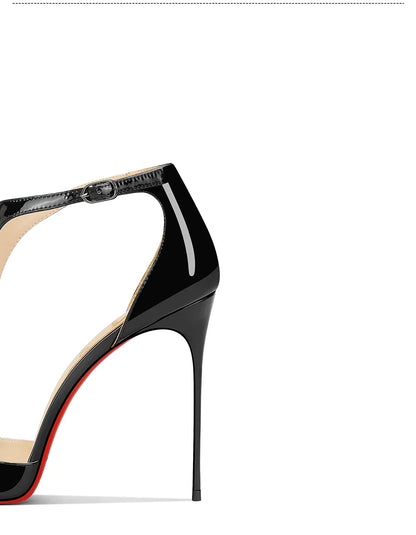 Black patent leather T-belt bag with nightclub sexy 12cm ultra-fine heel pointed party European and American high-heeled sandals