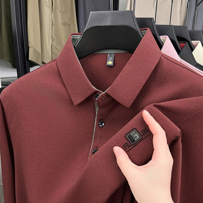 High End Brand Quality Men's Polo Shirt Autumn Exquisite Solid Color Letter Print Lapel Long Sleeve Business Classic Menswear
