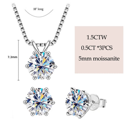 Real 925 Silver Moissanite Jewelry Set Gold Plated 0.5-2ct Stud Earrings Solitaire Pendant Necklace Set for Women Men Gift
