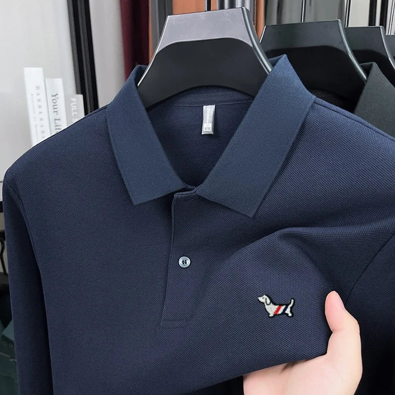 Fashion brand autumn new men's top casual warm 100% cotton long sleeved Polo shirt