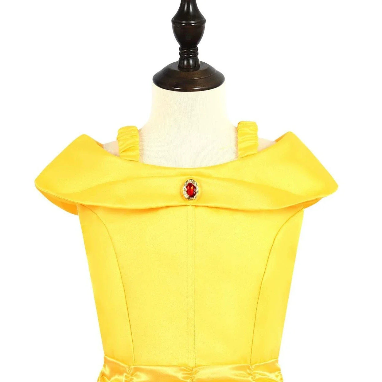 Fantasia Bela Adormecida Menina Vestido Amarelo Halloween A Bela e a Fera Fantasias Festa de Aniversário Meninas Roupas Infantis Vestido de Baile