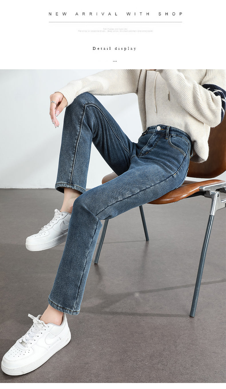 Calça Jeans Feminina Inverno Fleece Quente Reta Slim Elástica Algodão Grosso Quente Denim Moda Roupa Feminina