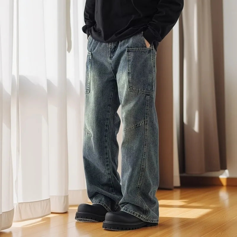 Korean Style Large Pocket Workwear Jeans Retro Blue Men'S Baggy Jeans Straight Leg Pants Casual Wide Leg Pants Casual Pants