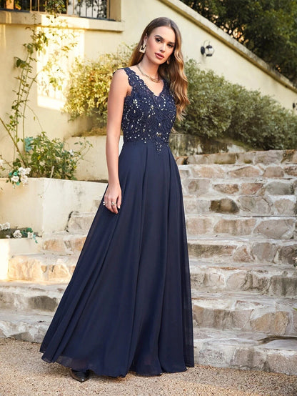 A-line V-neckline Chiffon Lace Pearls Beadings Floor-length Prom Dress Sleeveless Evening Elegant Party Dresses For Women 2024