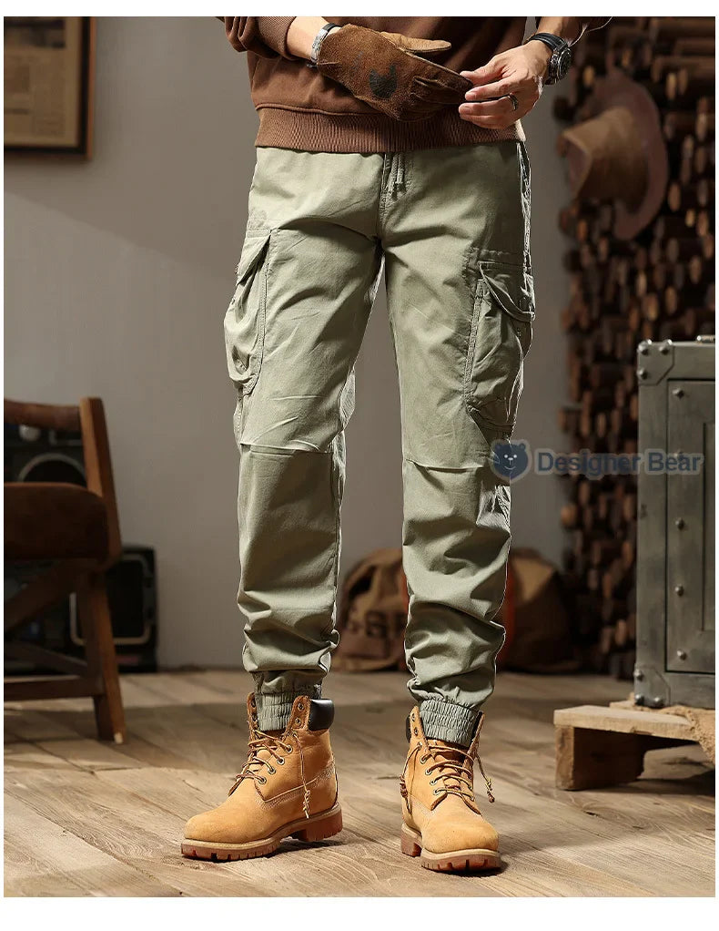 Brand Clothing 2026 Spring Summer Men's Baggy Cargo Pants Multi-Pocket Work Joggers Casual Cotton Tapered Trousers Long Pants