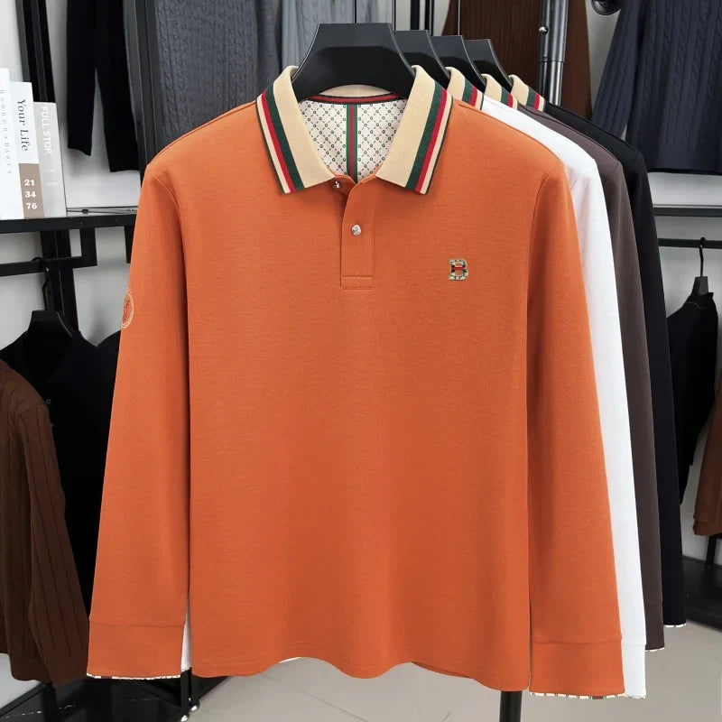 Luxury advanced  brand men long sleeve polo shirt unique stripe color blocked lapel fashion letter embroidery casual new T-shirt