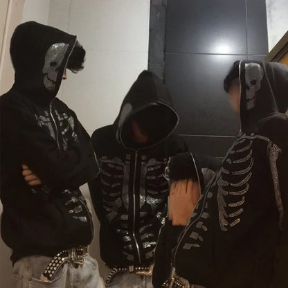 Gothic Long Sleeve Rhinestone Skeleton Hoodie Y2k Jacket Men Hoodies Oversized Full Zip Hoodie Goth Sweatshirt Sport Coat Autumn