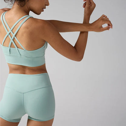 2 Pieces Solid Color Women Gym Yoga Set Cycling Short Legging Cross Sport Bra Tracksuit Suit Comprehensive Training Jog Athletic