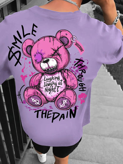 Trendy style new summer men's teddy bear letter print breathable and comfortable round neck T-shirt outdoor high street top