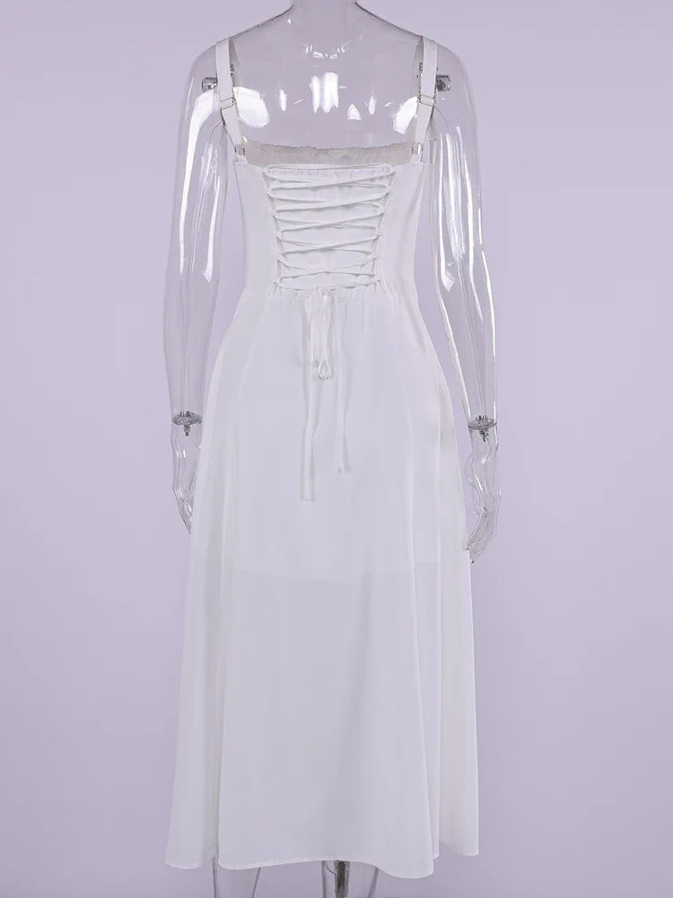 Summer Sweet Solid Sleeveless Long Dress Women Fashion Bandage Camisole Dresses Padded Boned Robe Elegant Party Vestidos