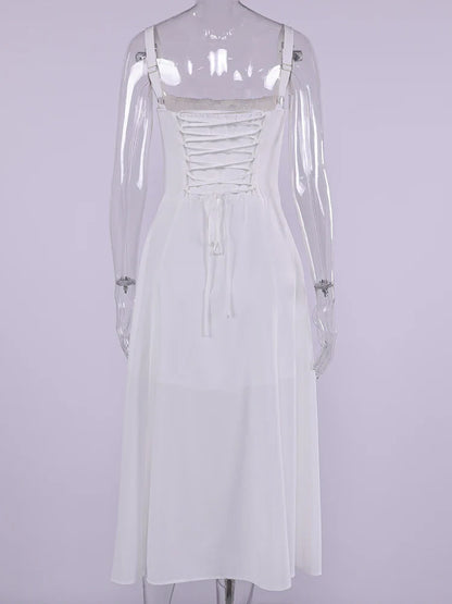 Summer Sweet Solid Sleeveless Long Dress Women Fashion Bandage Camisole Dresses Padded Boned Robe Elegant Party Vestidos