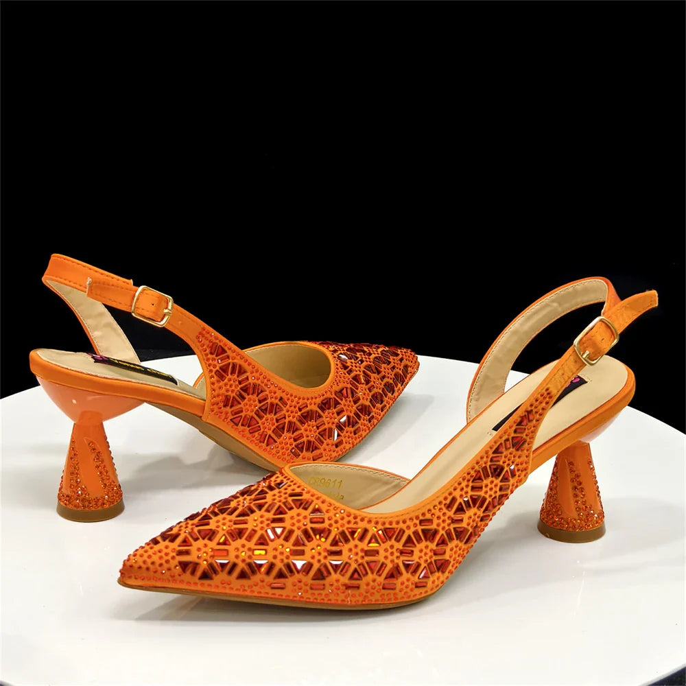 Elegant Black and Gold Pointed-Toe Italian Women's High-Heeled Shoe and Bag Set with Full Diamond Accents