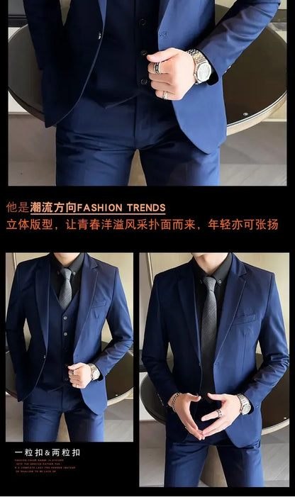 Suit (Blazer+ Vest + Pants) Men's Fashion Casual Outdoor Gentleman Business Wedding Formal Dress British Style Wedding Suit