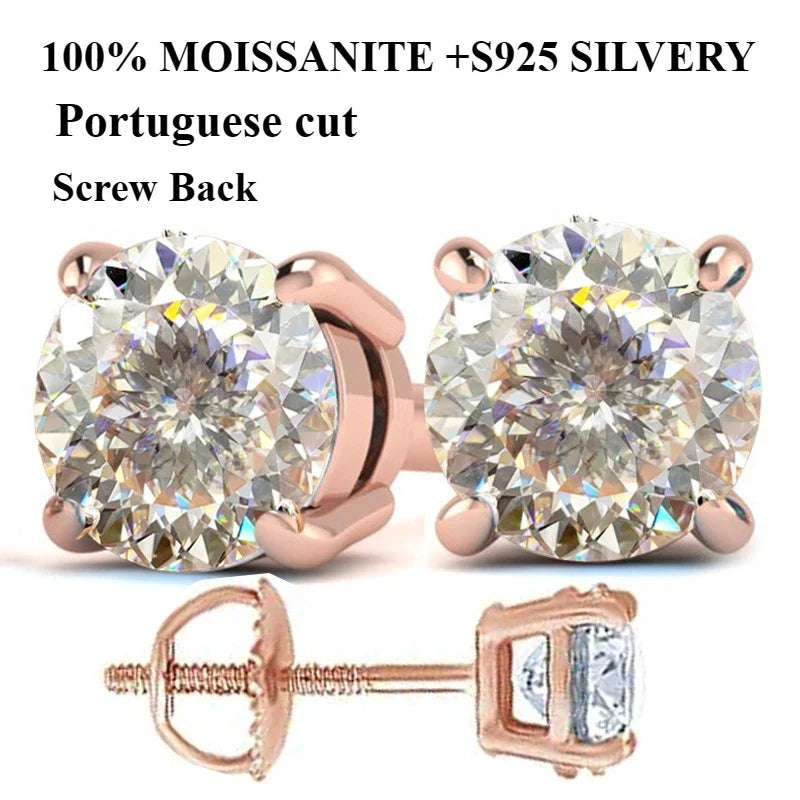 100% S925 silvery Portuguese cut D moissanite screw back 4 prong stud earring for women golden plated yellow golden plated  GRA