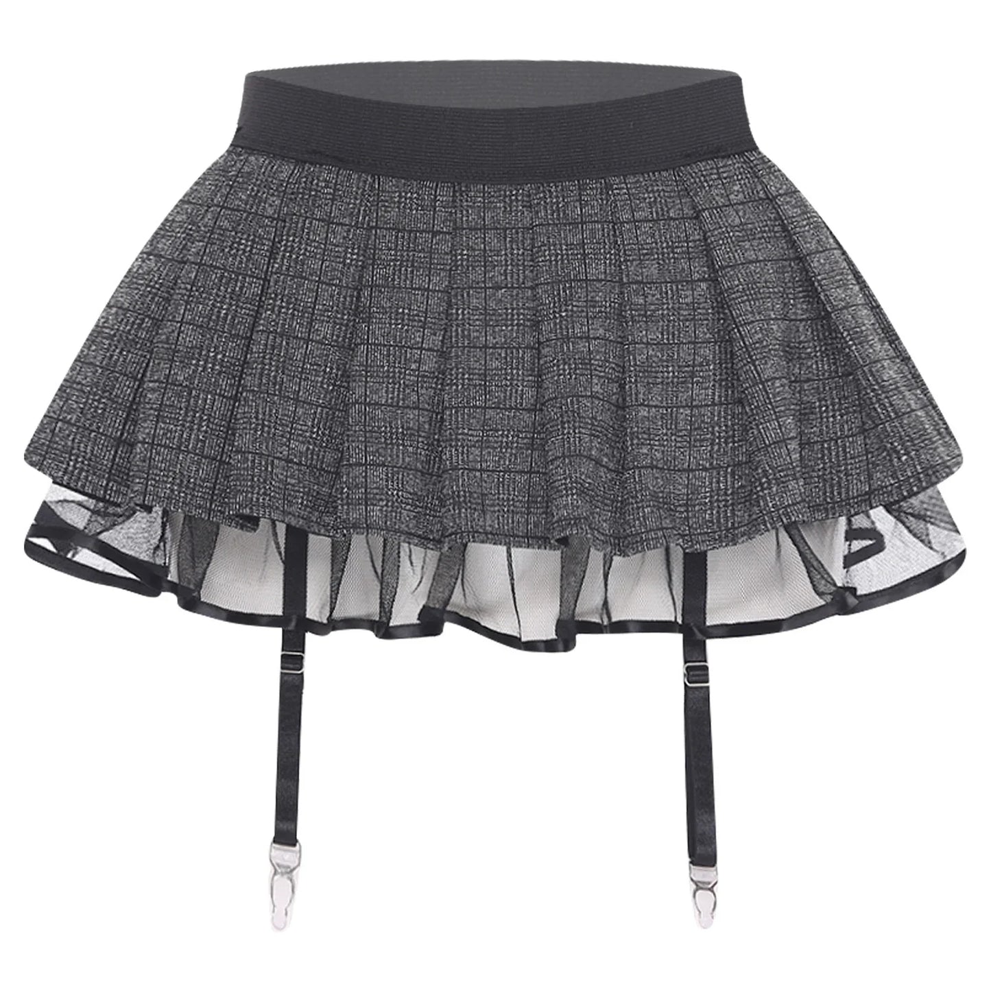 Women's Miniskirt with Garters Schoolgirl Cosplay Costume Plaid Layer with Tulle Lining Elastic Waistband Short Skirt Clubwear