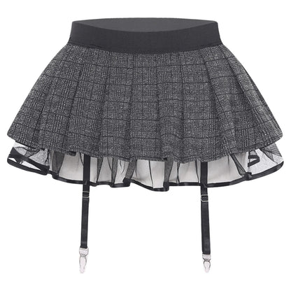 Women's Miniskirt with Garters Schoolgirl Cosplay Costume Plaid Layer with Tulle Lining Elastic Waistband Short Skirt Clubwear