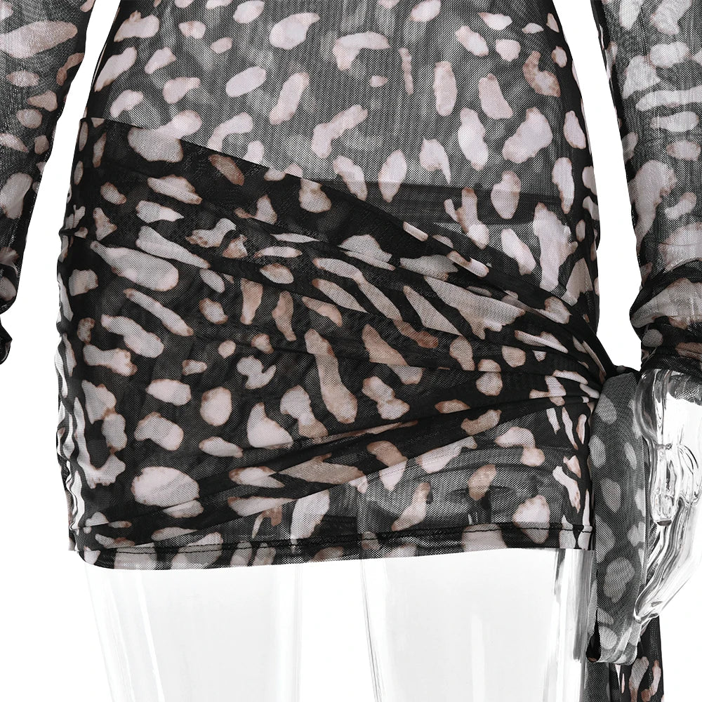 Sexy Sheer Print Leopard Bandage Women Dress Long Sleeve Mini Dress Lady Spring Slim Elegant Party Club Dress
