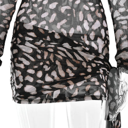 Sexy Sheer Print Leopard Bandage Women Dress Long Sleeve Mini Dress Lady Spring Slim Elegant Party Club Dress