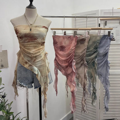 Tie Dye Summer Tops for Women Y2K Strapless Sleeveless Asymmetrical Ruffle Fishtail Ruched Stretch Mesh Vintage Clothes