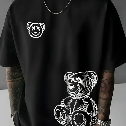 Summer men's 100% pure cotton casual sports loose and fashionable cartoon bear pattern printed round neck short sleeved T-shirt