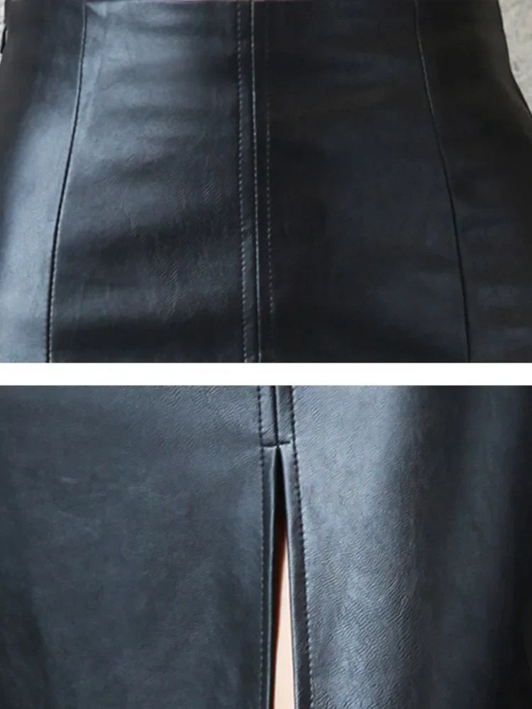Front and back double-sided summer new leather skirt, hip hugging slim fit middle skirt, split leather skirt, half body skirt