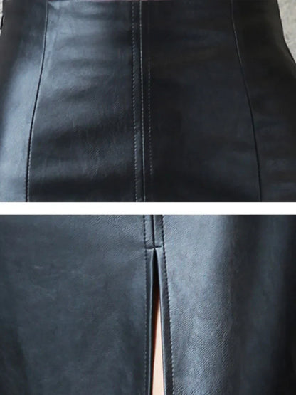 Front and back double-sided summer new leather skirt, hip hugging slim fit middle skirt, split leather skirt, half body skirt