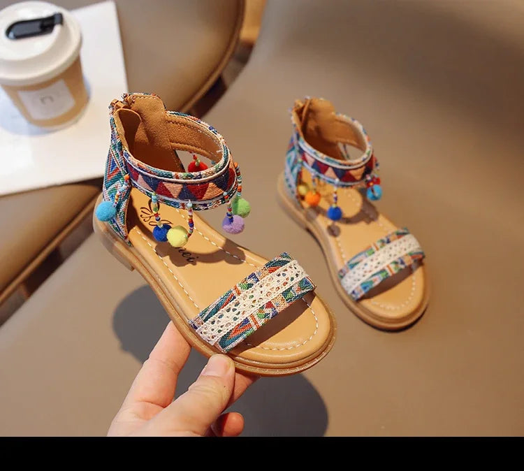 Ethnic Style Simple Children Roman Shoes 2024New Soft Breatheable Flats Open-toe Kids Shoes Non-slip Girls Sandals GLADIATOR