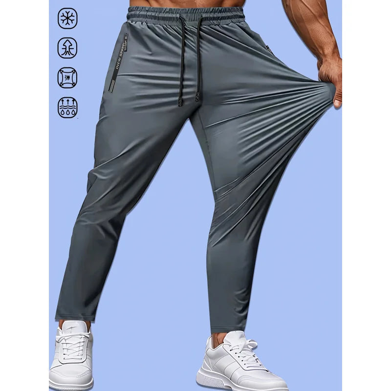 Men's Casual Pants High Elastic Fiber Drawstring Zipper Pocket Quick Dry Sports Pants Baggy Joggers Football Hiking Man Fishing