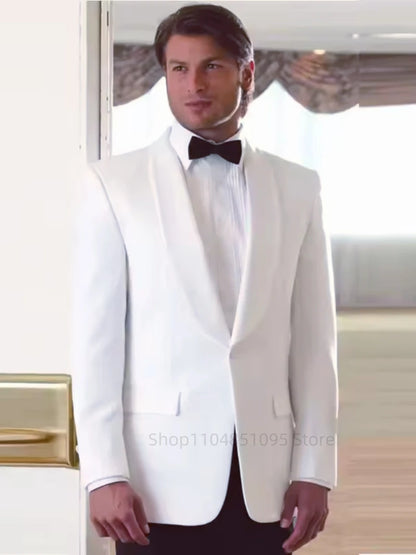 Classic 2 Pieces Ivory/White Men Suits Slim Fit Shawl Lapel Blazer Pants Sets Wedding Groom Tuxedos High Quality Prom Dress Set