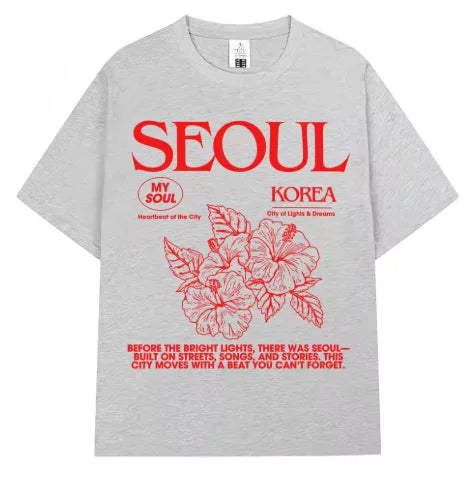 Korean Style Men Women Hibiscus Print Cotton Short Sleeve T-shirt,Oversized Harajuku Street Casual Tops