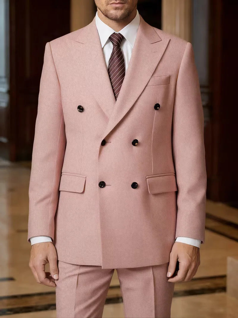 2026 New Double-Breasted Peak Lapel Men's Suit Set Two-Piece Coffee Beige Pink (Jacket   Pants) Casual Business B