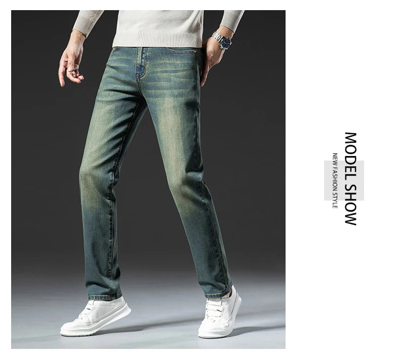 Premium Jeans Men's Autumn 2023 New Elastic High End Business Casual Old Vintage Straight Leg Jeans