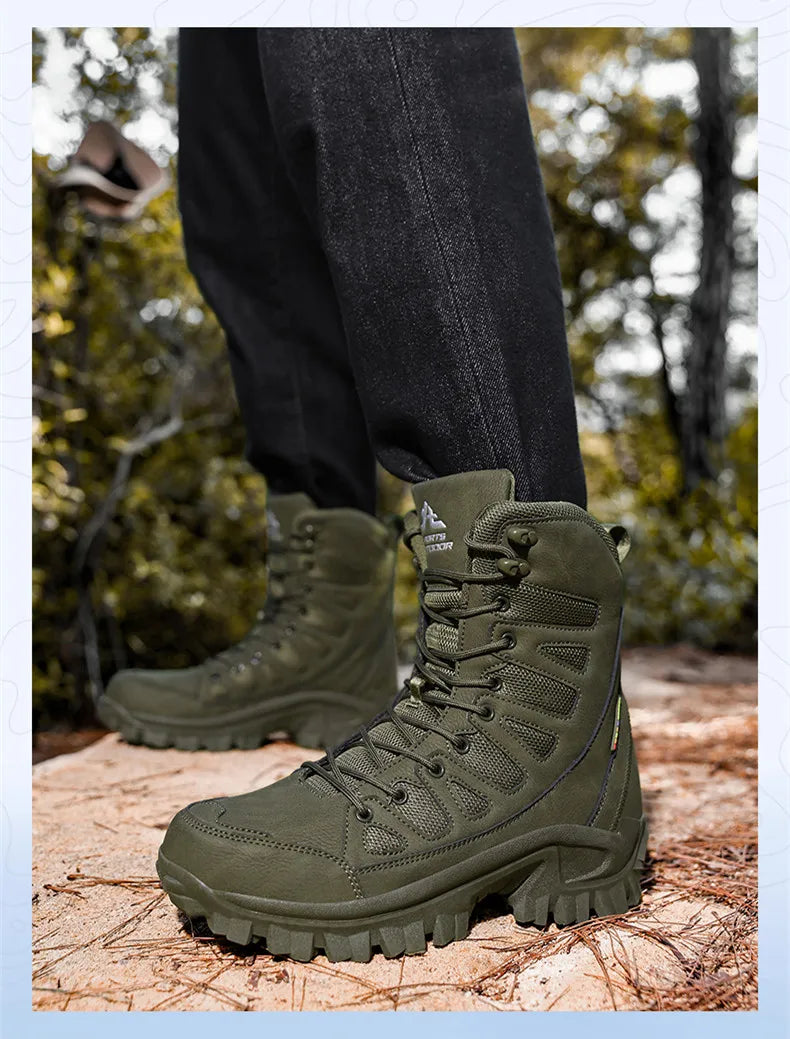 High-Top Leather Men's Boots Breathable Desert Combat Boots Outdoor Non-slip Hiking Boots Men Motorcycle Boots Work Ankle Boots
