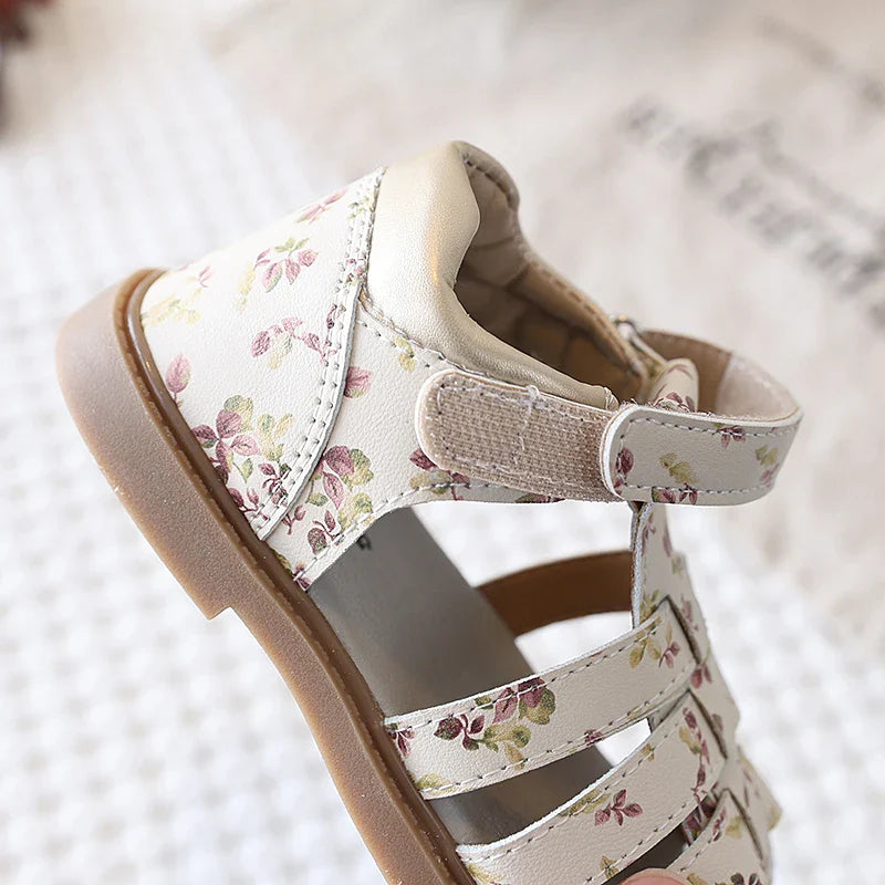 Summer Toddler Girls Floral Closed Toe Sandals Anti-collision Kids Sandal Lovely Hook-loop Sweet Children Beach Shoes 21-30