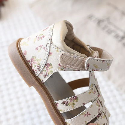 Summer Toddler Girls Floral Closed Toe Sandals Anti-collision Kids Sandal Lovely Hook-loop Sweet Children Beach Shoes 21-30