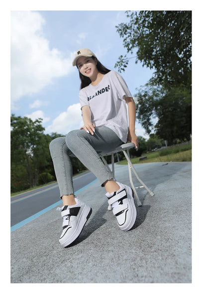 Autumn 2025 Kids Walking Shoes Detachable Double Wheel Roller Skates Boy Leather Student Shoe Four Wheeled Children Shoes Girl