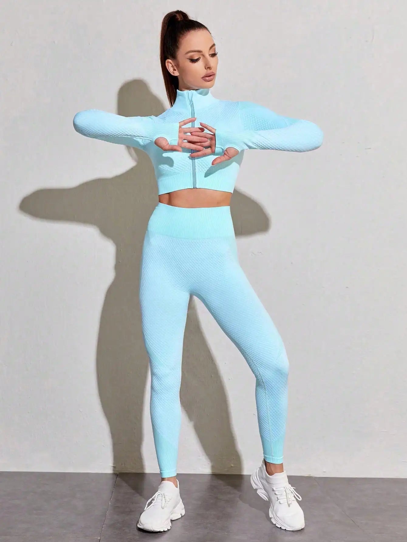 2PCS Seamless Women Yoga Set Workout Sportswear Gym Clothing Fitness Long Sleeve Crop Top High Waist Leggings Sports Suits