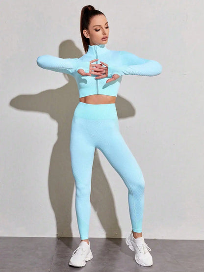 2PCS Seamless Women Yoga Set Workout Sportswear Gym Clothing Fitness Long Sleeve Crop Top High Waist Leggings Sports Suits