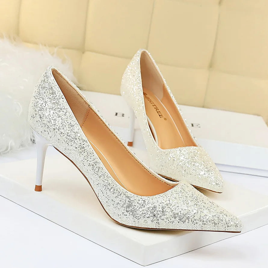 Women 7cm 9.5cm High Heels Pumps Wedding Bridal Scarpins Sparkly Mid Heels Lady Party Sequins Glitter Evening Gold Silver Shoes