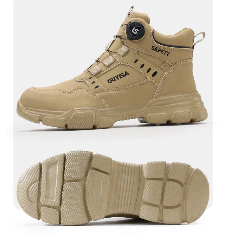 Men's Steel Head Work Shoes Anti Smash and Anti stab Khaki High Top Intelligent Buckle Simple Fashion Industrial Style Pr