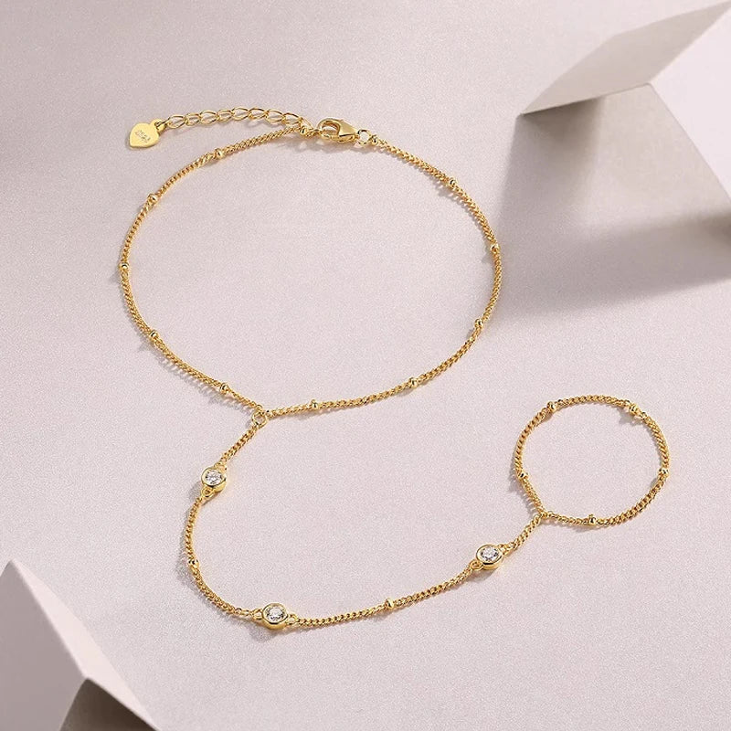 Round Bezel Full 0.1CT 3mm D Color Moissanite Diamond Link Bracelet for Women 925 Silver Adjustable 17-22cm Finger Chain