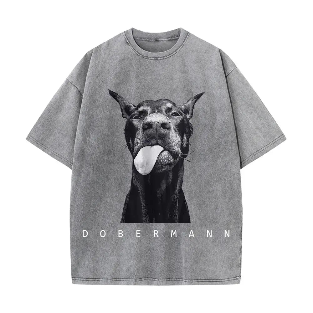 Camisetas femininas de algodão lavadas, moda criativa, estampa de Doberman, manga curta, gola redonda, folgadas, estilo destroyed, roupas femininas de rua