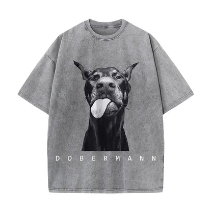 Camisetas femininas de algodão lavadas, moda criativa, estampa de Doberman, manga curta, gola redonda, folgadas, estilo destroyed, roupas femininas de rua
