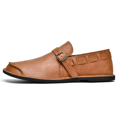 Sapatos Masculinos de Couro com Bico Largo e Sem Cadarço, Flats Casuais Minimalistas Antiderrapantes Primavera Verão Outono