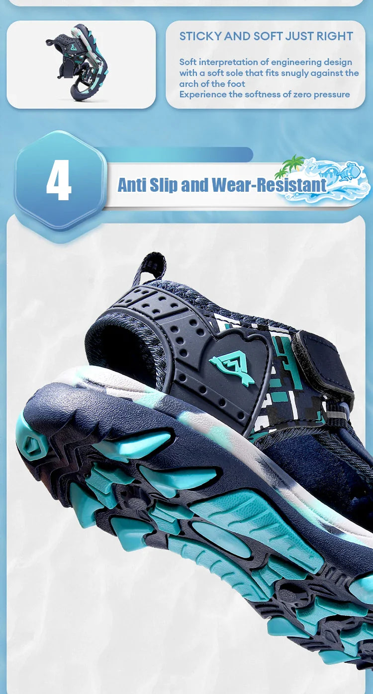 Kids Sandals Boys Breathable Anti-Slip Soft Sole Summer Beach Shoes Outdoor Lightweight Children Sandals with Adjustable Straps